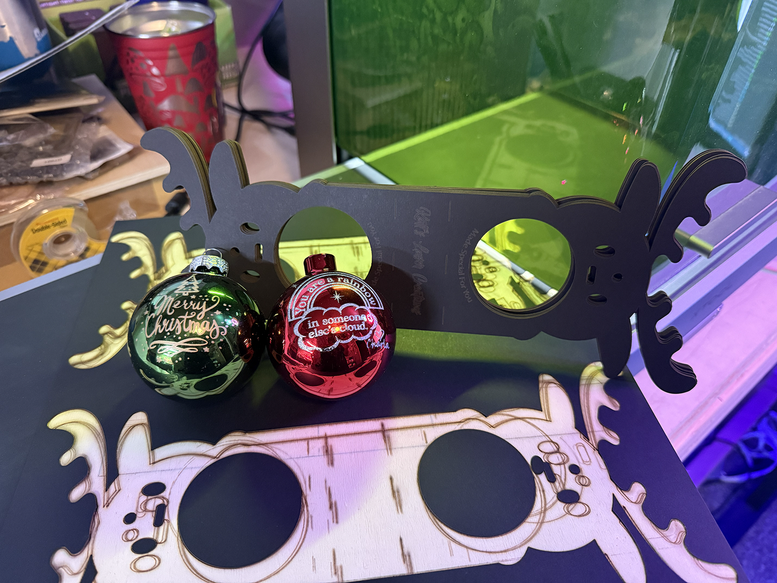 Laser engraved glass Christmas ornaments and cut packaging